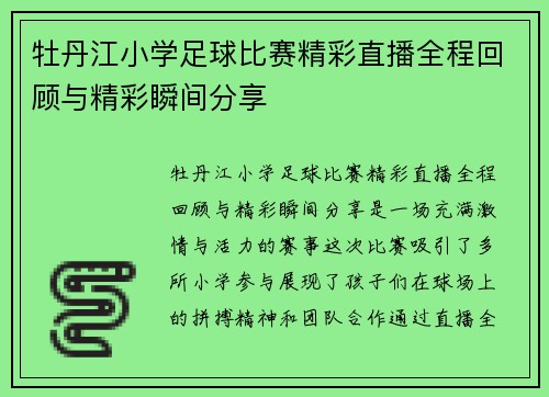 牡丹江小学足球比赛精彩直播全程回顾与精彩瞬间分享